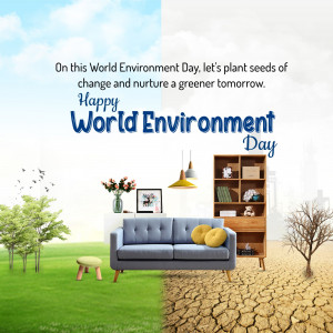 World Environment Day graphic showing a split image of a thriving green environment versus a barren landscape.