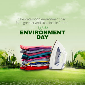 World Environment Day graphic with clothes and an iron, promoting a greener future.