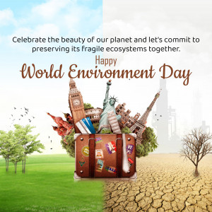 World Environment Day graphic with landmarks and a split landscape representing a healthy and damaged ecosystem.