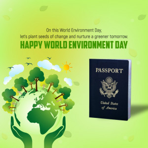 World Environment Day graphic with a globe, trees, hands, and a passport.