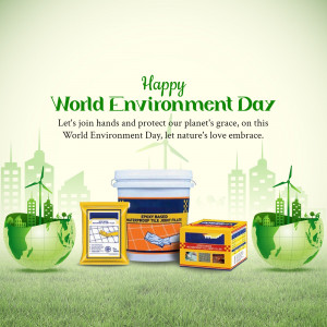 World Environment Day graphic featuring eco-friendly building materials and a green cityscape.