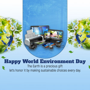 Image depicting electronic devices surrounded by greenery with a 'Happy World Environment Day' message.