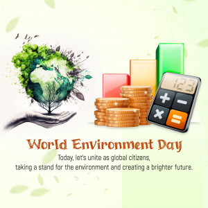 Illustration of a globe shaped like a tree held in a hand with coins, a calculator, and growth bars, representing World Environment Day.