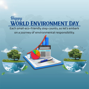 World Environment Day graphic with globes, trees, and financial charts