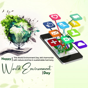 World Environment Day illustration with a globe shaped like a tree and digital icons.