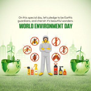 Illustration of a person in a protective suit surrounded by insects and cleaning supplies, with a cityscape and globe in the background, promoting World Environment Day.