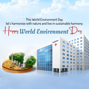 World Environment Day greeting with a hospital building and nature elements.