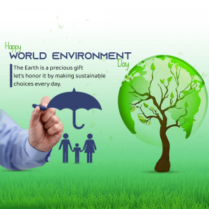 World Environment Day illustration with a hand holding an umbrella over people and a globe shaped like a tree.