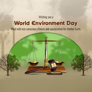World Environment Day graphic with scales of justice and environmental imagery.