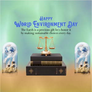 World Environment Day concept with scales of justice, books, and environmental imagery.