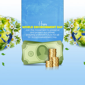 World Environment Day graphic with globe, plants, coins, and a person's silhouette.