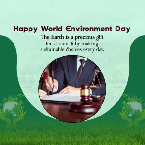 World Environment Day graphic with scales of justice and a person signing a document.