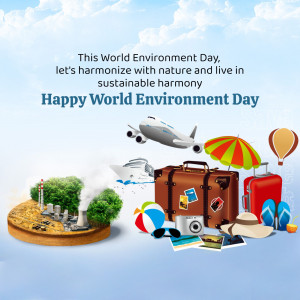 World Environment Day illustration with travel elements and a message about sustainable living.