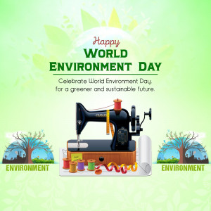 World Environment Day graphic with a sewing machine and greenery