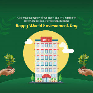 Illustration of a hotel building with hands holding plants, celebrating World Environment Day.