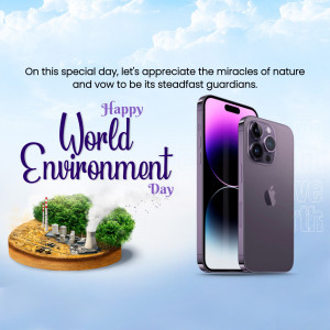 World Environment Day graphic with a smartphone displaying a miniature landscape.