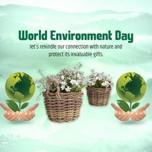 World Environment Day graphic with hands holding globes and flower baskets