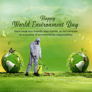World Environment Day graphic with a person in a protective suit and globes made of greenery.