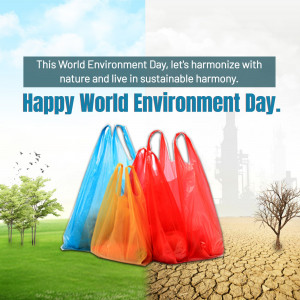 Plastic bags contrasting lush greenery and barren land for World Environment Day