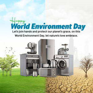 World Environment Day graphic showing a contrast between a healthy and damaged environment with appliances.