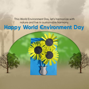 World Environment Day graphic with sunflowers and a message about sustainable harmony.