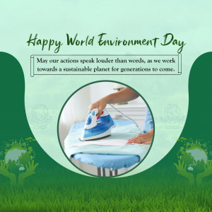 World Environment Day graphic with a person ironing clothes and green elements.
