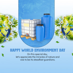 Image depicting water containers and greenery with the text 'Happy World Environment Day'