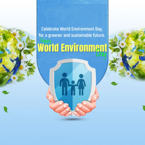 World Environment Day graphic with hands holding a shield and a family silhouette.