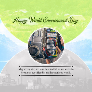 Image depicting an electrician working on electrical panels with a World Environment Day message.