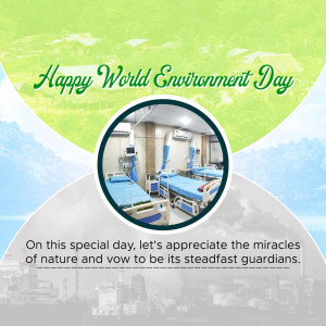 World Environment Day graphic with a hospital room image and green nature elements.