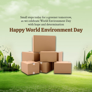 World Environment Day graphic with stacked cardboard boxes and a green landscape.