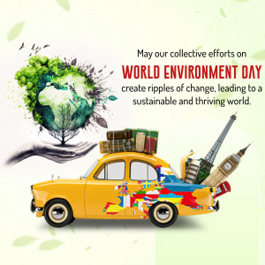 Image depicting World Environment Day with a globe, tree, landmarks, and a car representing travel and sustainability.