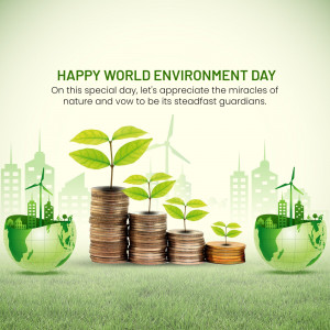World Environment Day graphic with plants growing from coins and a cityscape within a globe.