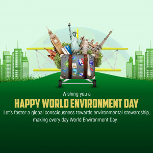 World Environment Day graphic with landmarks and a suitcase