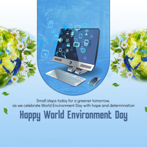 Computer with nature elements and World Environment Day message