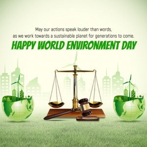World Environment Day graphic with scales of justice balancing nature and city