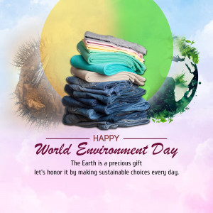Stack of folded clothes with Earth imagery for World Environment Day