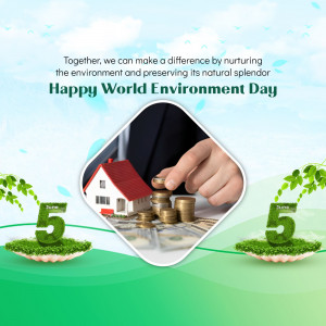 World Environment Day graphic showing hands planting coins into a house and stack of coins, symbolizing investment in environmental preservation.
