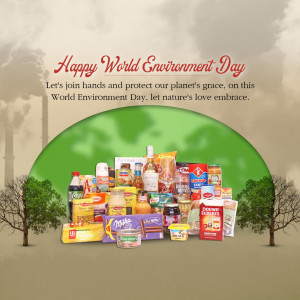 Image depicting groceries inside a green globe with trees, promoting World Environment Day and sustainable living.