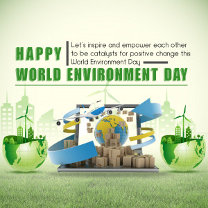 World Environment Day graphic with a globe, wind turbines, and city skyline.