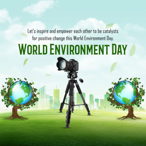 World Environment Day graphic with a camera, globes, and trees.