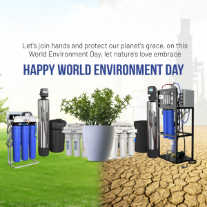 World Environment Day image featuring water purification systems and a contrast between lush greenery and dry, cracked earth.