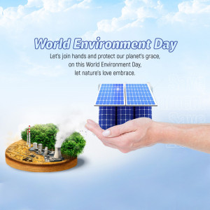 Image depicting a hand holding a house powered by solar panels, symbolizing environmental protection.