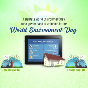 World Environment Day graphic featuring a tablet displaying home automation controls with trees and a house.