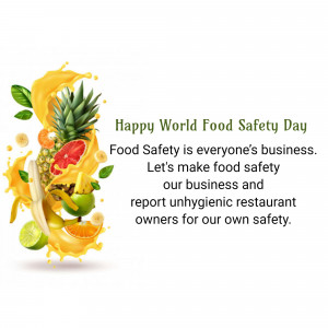 A vibrant image celebrating World Food Safety Day with a splash of fruits and text promoting food safety.