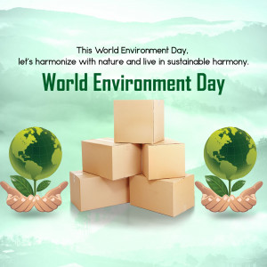 World Environment Day graphic with stacked boxes and globes representing sustainability.