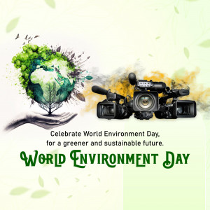 World Environment Day graphic with a globe formed by leaves and hands, alongside camera equipment.