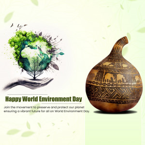 World Environment Day illustration with a globe in a hand and a decorative pot.