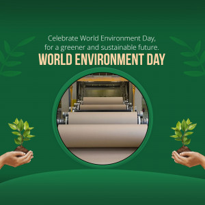 World Environment Day graphic with hands holding seedlings and a recycling facility in the background.