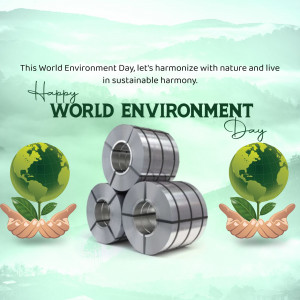 World Environment Day graphic with globes, hands, and metal coils representing sustainable industry.